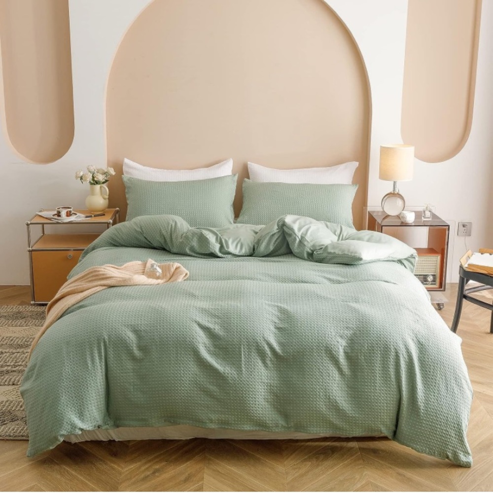 Waffle sage green boho rustic comforter set Queen